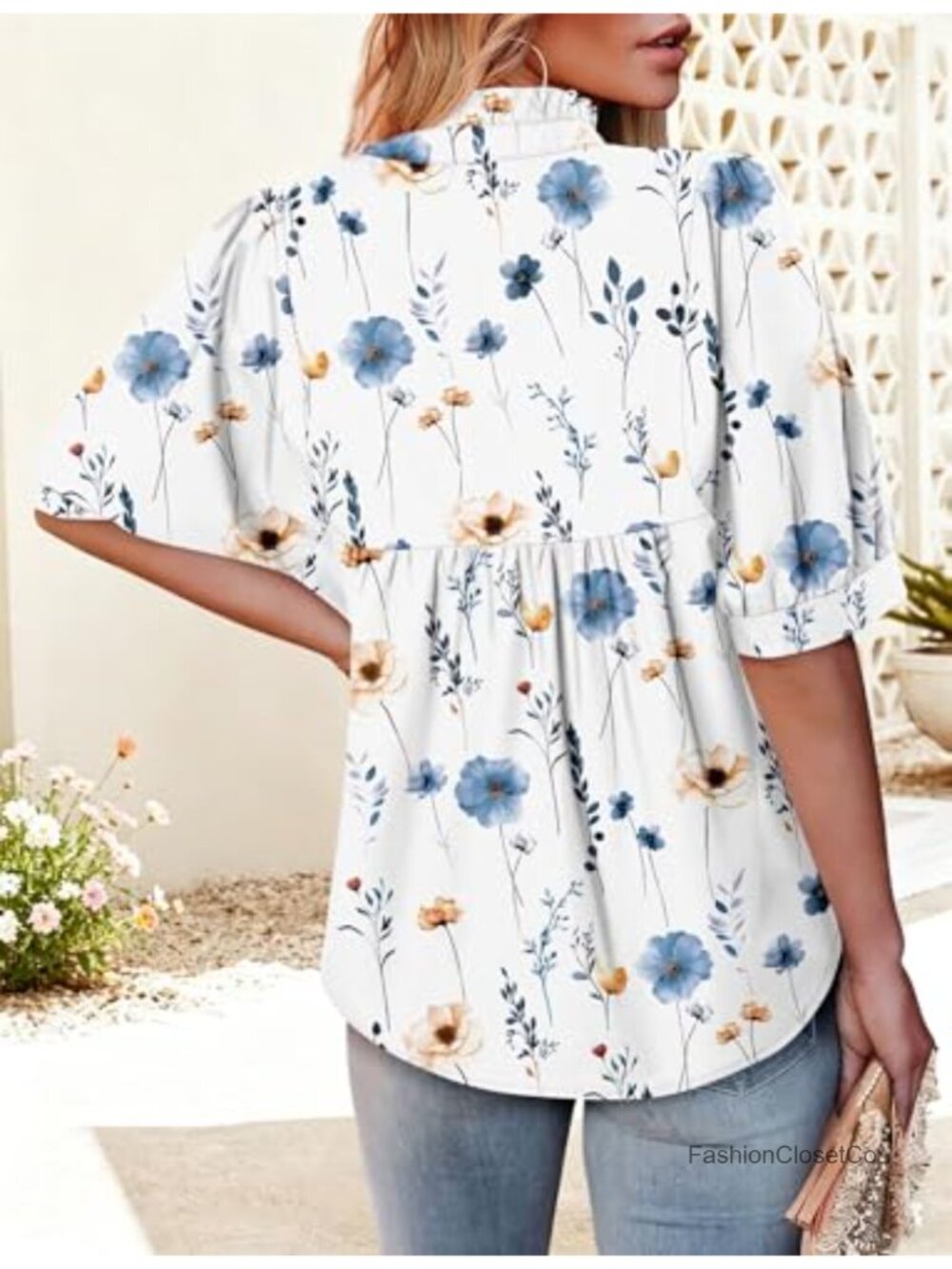 Puff Sleeve Ruffle V Neck Peasant Blouse Top Polyester - Picture 4 of 5